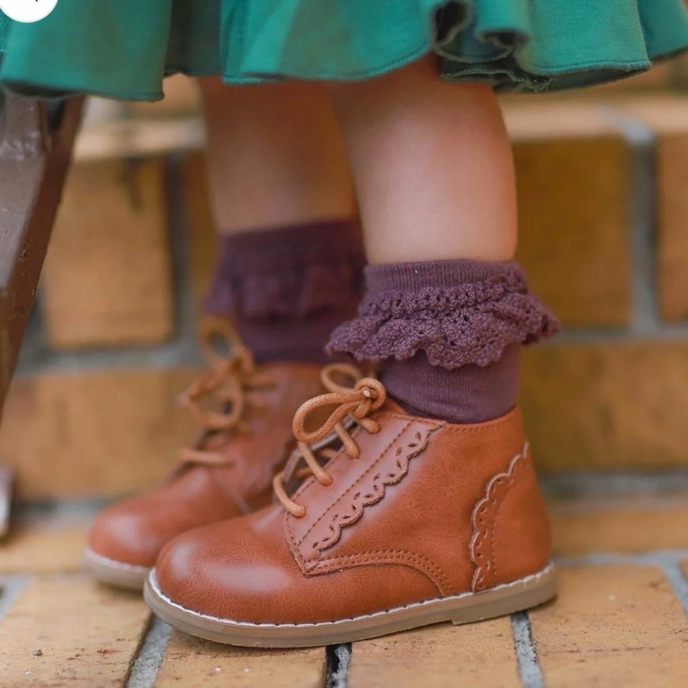 Brown Leather Kids Boots with Scallop Trim